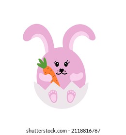 Rabbit in egg shell. Happy bunny sitting in Easter egg. Vector Illustration for backgrounds, covers, packaging, greeting cards, stickers, textile and seasonal design. Isolated on white background.