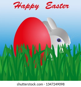 A rabbit, an egg,grass and blue sky. Vector illustration.