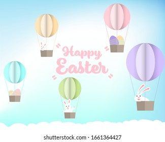 Rabbit and eggs in basket with colorful balloons on blue sky and word Happy Easter in  pastel tone 