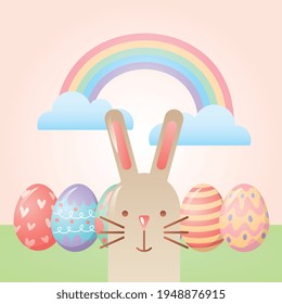 rabbit and eggs easter outdoor in the park with rainbow. vector illustration
