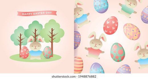 rabbit with eggs easter and trees and pattern background. happy easter day. vector illustration