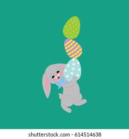 Rabbit with eggs on the green background. Vector illustration