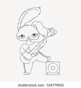 Rabbit with electric guitar. Rock music illustration.