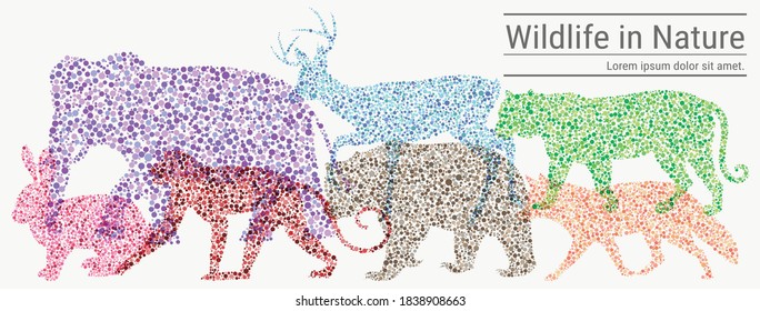 Rabbit elephant bear deer monkey tiger fox abstract art vector illustration graphic design. Wild animals graphic for website header. Pastel jungle animals vector illustration web page header. 