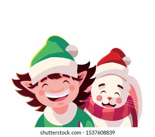 rabbit and elf in white background vector illustration design
