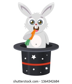 the rabbit emerges from the hat. magic trick. the hare is eating a carrot. vector illustration of a flat animal