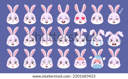 Rabbit emoji. Bunny emoticon, hare face emotion cute easter animal expression kawaii smiling or cry character stickers set muzzle rabbits avatars icon vector illustration of emoji smile rabbit