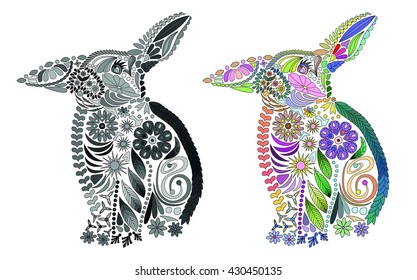 rabbit. Ethnic floral Doodle pattern, pattern. Coloring - zendala, design for spiritual vacations for adults, vector illustration isolated on white background. Color. Doodle Zen.