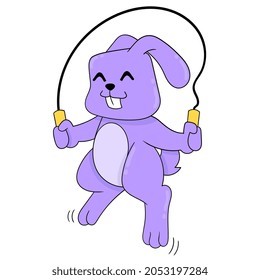 the rabbit is exercising jumping and jumping using a rope, vector illustration art. doodle icon image kawaii.