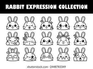 Rabbit expression outline sketch vector illustration set