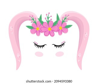 Rabbit face, beauty eyes, cute bunny face. Vector Illustration for printing, backgrounds, covers, packaging, greeting cards, posters, stickers, textile, seasonal design. Isolated on white background.
