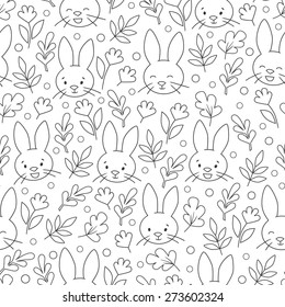 Rabbit face black and white seamless vector pattern