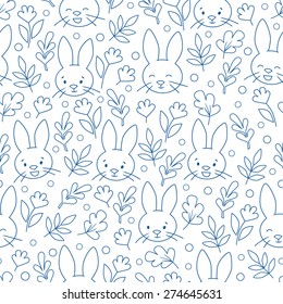 Rabbit face contour blue seamless vector pattern 