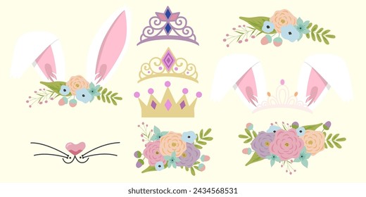 Conjunto de elementos de cara de conejo diseño plano de dibujos animados orejas y narices ilustración vectorial aislado. Filtro de máscara de orejas de conejo con corona de flores. Ilustración de vector