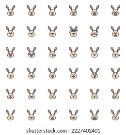 Rabbit face emoticons filled outline icons set, line vector symbol collection, linear colorful pictogram pack. Signs, logo illustration, Set includes icons as laughing bunny emoji, happy hare smiley