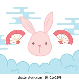 rabbit face and fan oriental element decoration vector illustration color design