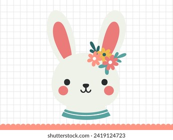 Rabbit face with flowers. Little bunny in cartoon style. Vector illustration.