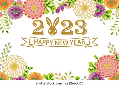 Rabbit face icon with Japanese traditional floral frame - 2023 Japanese New year card design template