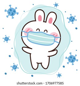 Rabbit With Face Mask Protect From Coronavirus,covid-19 With The Virus Spread In The Air On White Background.Cute Cartoon Character Design.Animal Doodle.Bunny.Kid Graphic.Vector.Illustration.