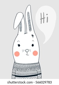 Rabbit face people dressed carpet wearing striped sweater dress beautifully. Hello bunny greeting friends