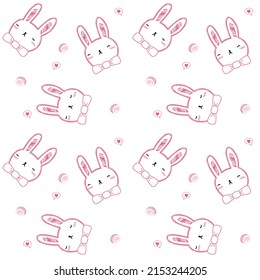 Rabbit face pink so cute.on cake roll and heart polka dot background.pattern vector and illustration.