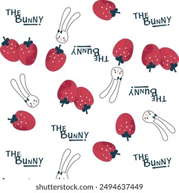 Rabbit face and red fruit, on white background, seamless vector