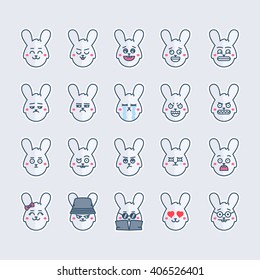 Rabbit face smiles set. Colorful smiles with cute rabbit emotions