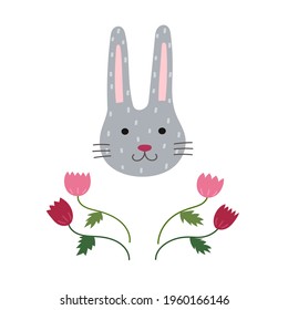 Rabbit face surrounded by pink flowers. Portrait of a rabbit or hare. Gray rabbit. Color picture. Vector print for t-shirt, postcard, clipart.