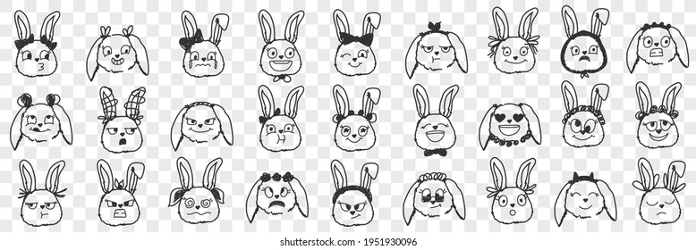 Conjunto de doodle de expresiones de la cara de conejo