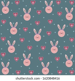 Rabbit faces with pink hearts and dots on blue background.