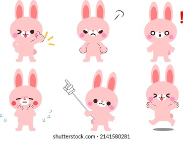 Rabbit facial expression and gesture illustration set