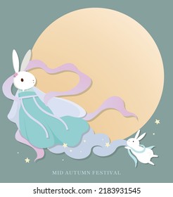 Rabbit fairy in Hanfu (the traditional dress of the Han Chinese people) on the sky with full moon.