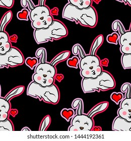 rabbit fall in love expression happy, funny bunny be enamored, be taken animal, cute, pet, smile, fun,cartoon seamless pattern with black background