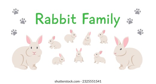 Rabbit family. Buck, doe and cute little bunnies in different poses. Flat vector cartoon illustration. Isolated on white. Domestic farm animals, mature male and female with offspring. Full length