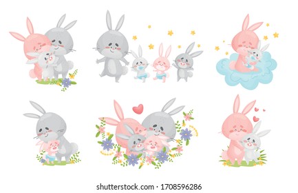 Rabbit Family with Bunny Mom and Dad Nursing Their Cubs Vector Set