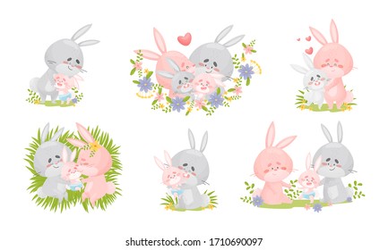 Rabbit Family with Bunny Mom and Dad Nursing Their Cubs Vector Set