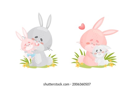 Rabbit Family with Bunny Mom and Dad Embracing Their Cub Vector Set