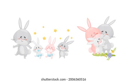 Rabbit Family with Bunny Mom and Dad Nursing and Embracing Their Cub Vector Set