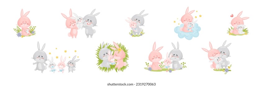 Rabbit Family with Bunny Mom and Dad Loving Their Cub Vector Set