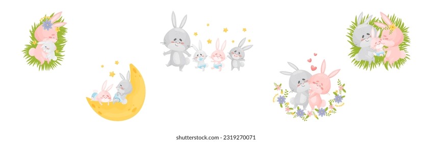 Rabbit Family with Bunny Mom and Dad Loving Their Cub Vector Set