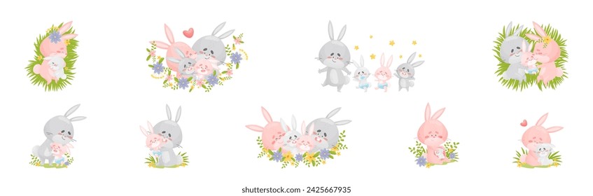 Rabbit Family with Bunny Mom and Dad Loving Their Cub Vector Set