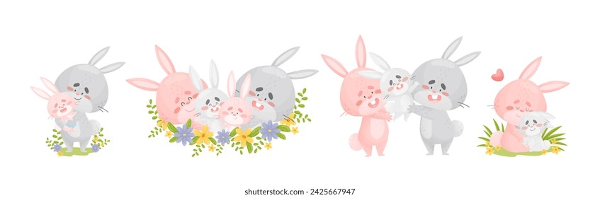 Rabbit Family with Bunny Mom and Dad Loving Their Cub Vector Set