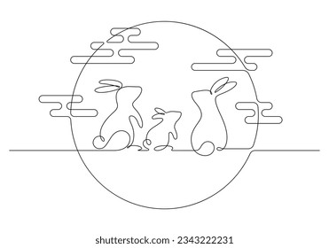 rabbit family celebrate mid autumn festival in one line drawing vector illustration