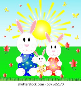 rabbit family with Easter eggs on a green lawn with flowers, butterflies, the sun vector illustration