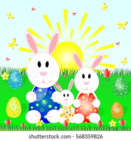 rabbit family with easter eggs on the green lawn, the sun vector illustration