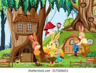 Rabbit family in fantasy forest illustration