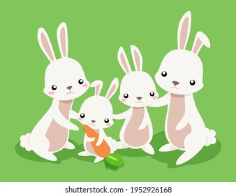 Rabbit family, family illustration vector, rabbit family gathering on green background, cute rabbit family