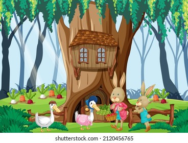Rabbit family lives in enchanted forest illustration