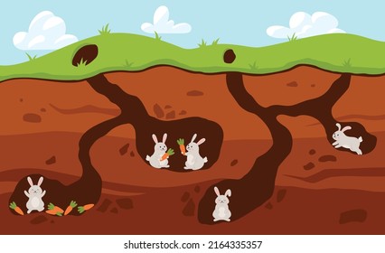 Rabbit family living underground in holes, cartoon flat vector illustration. Bunnies collect carrots underground. Happy earth and soil inhabitants. Cute rabbits in burrows.