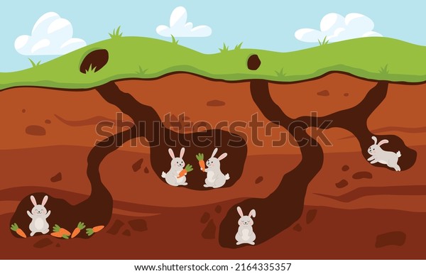 Rabbit family\
living underground in holes, cartoon flat vector illustration.\
Bunnies collect carrots underground. Happy earth and soil\
inhabitants. Cute rabbits in\
burrows.